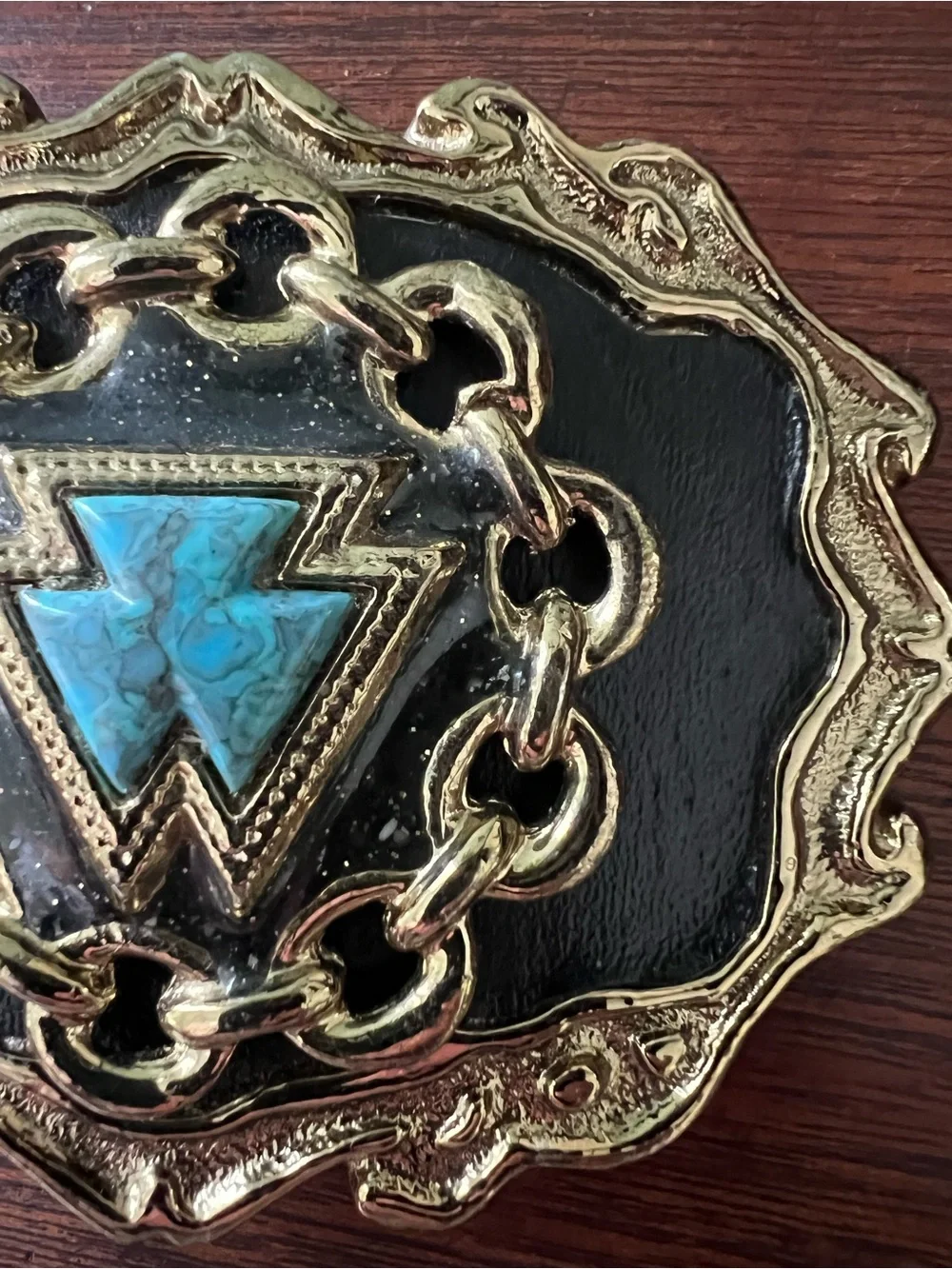 Vintage Southwestern Turquoise Inlay Belt Buckle Gold Tone - Western USA